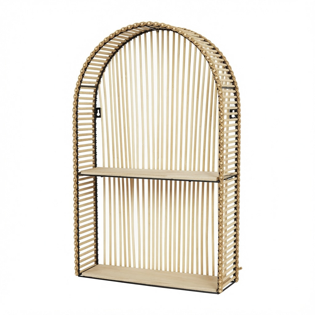 Boho Arched Rattan Wall Shelf, 2-Tier Hanging Floating Shelf with Natural Wood Shelves, Decorative Wall Organizer for Bedroom, Bathroom, Living Room & Entryway