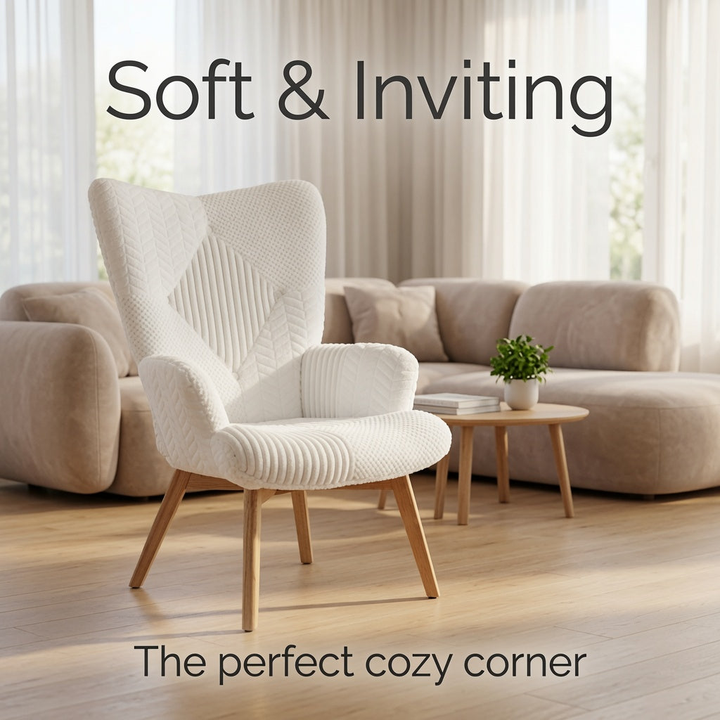 Modern Teddy Fleece Accent Chair with High Back, Upholstered Wingback Armchair, Soft Lounge Chair with Solid Wood Legs for Living Room, Bedroom & Reading Nook